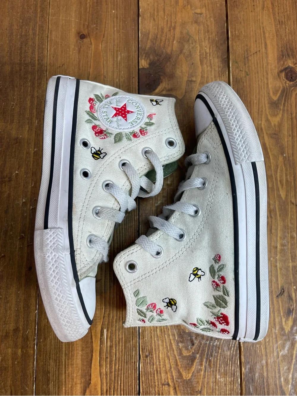 Converse kids size 12 cream colored strawberry embroidered high top sneakers